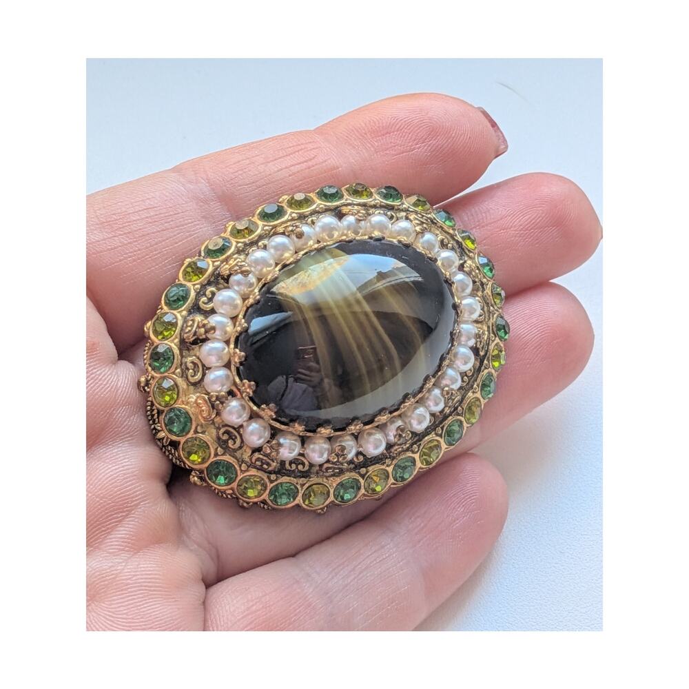 Vintage W Germany Glass Agate Cabochon Faux Pearl Green Rhinestone Brooch Pin 2"